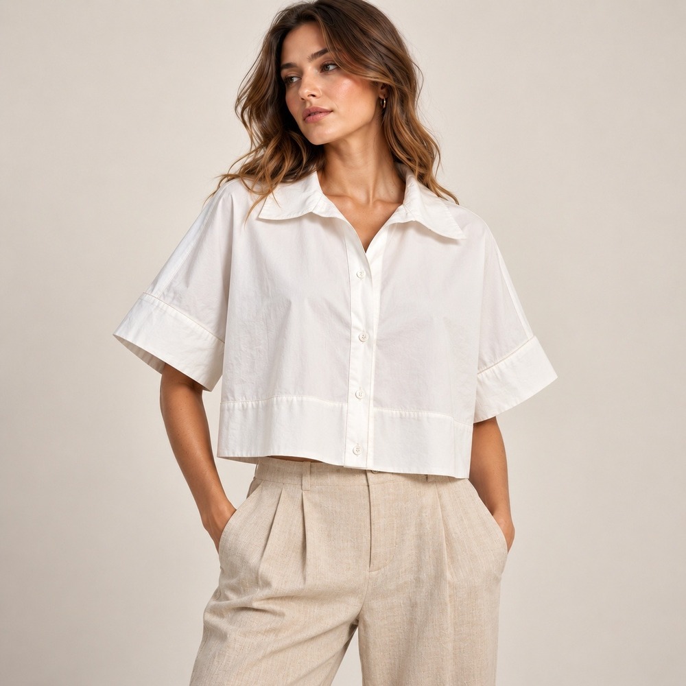 Julia Amory Button Down Shirt Women Small White Cropped Boxy Cotton Minimalist